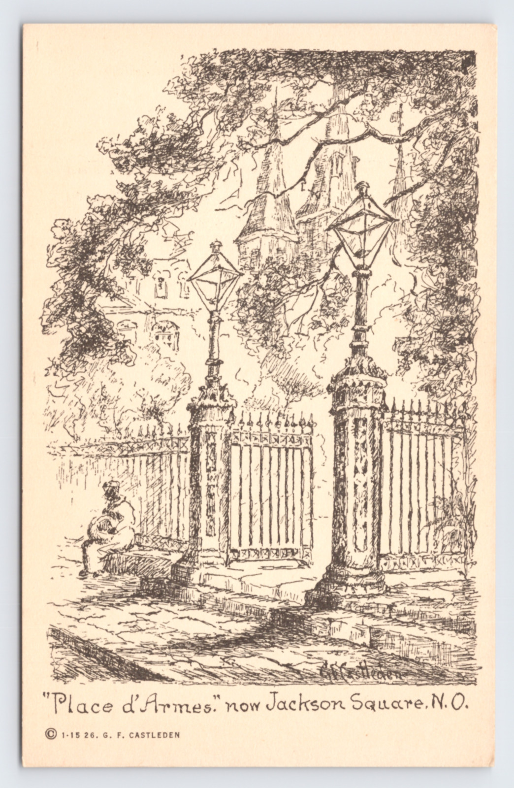 c1926 Place d’Armes Jackson Square GF Castleden Art Card New Orleans LA c1926 Place d’Armes Jackson Square GF Castleden Art Card New Orleans LA