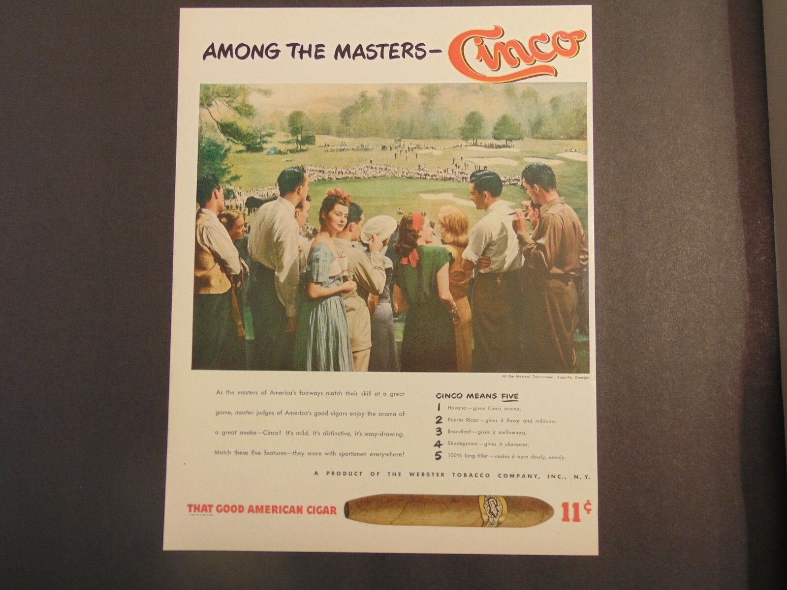 1947 CINCO That Good American Cigar 11- cents Masters Golf art print ad