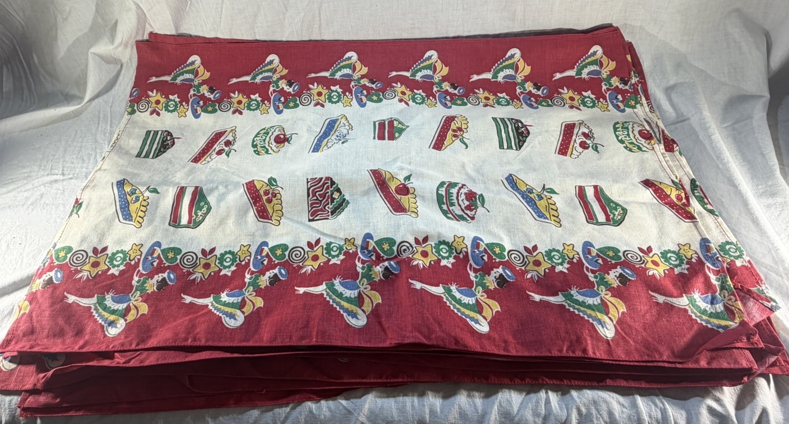 NOS Lot of 12 Vintage Kitschy Novelty Print Kitchen Towels Retro Girl Pie Cake
