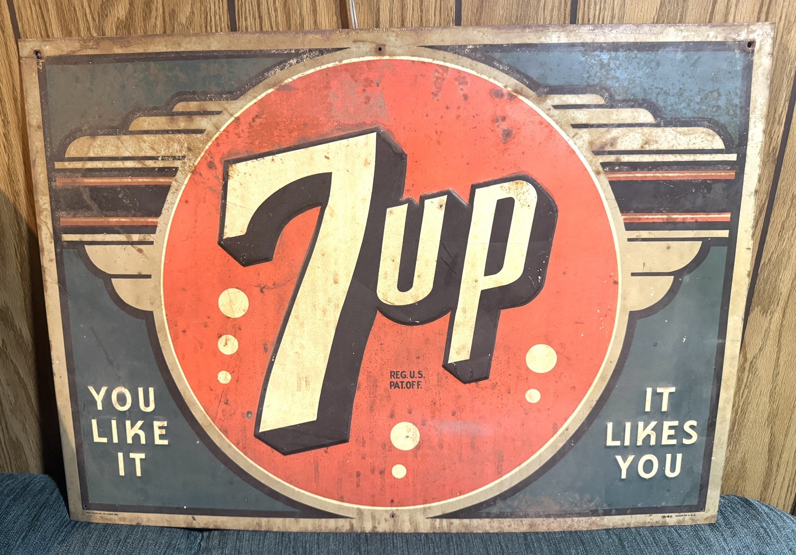 Vintage 1946 7UP “You Like It” “It Likes You” Deco Painted Metal Embossed Sign