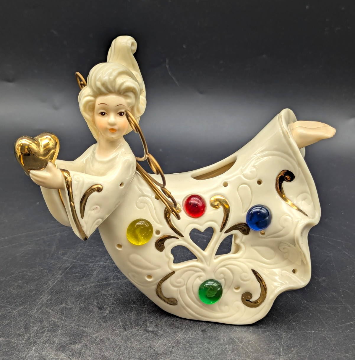 Vintage Ceramic Angel Candle Holder Flying Jewel Rhinestone Lefton Era Japan