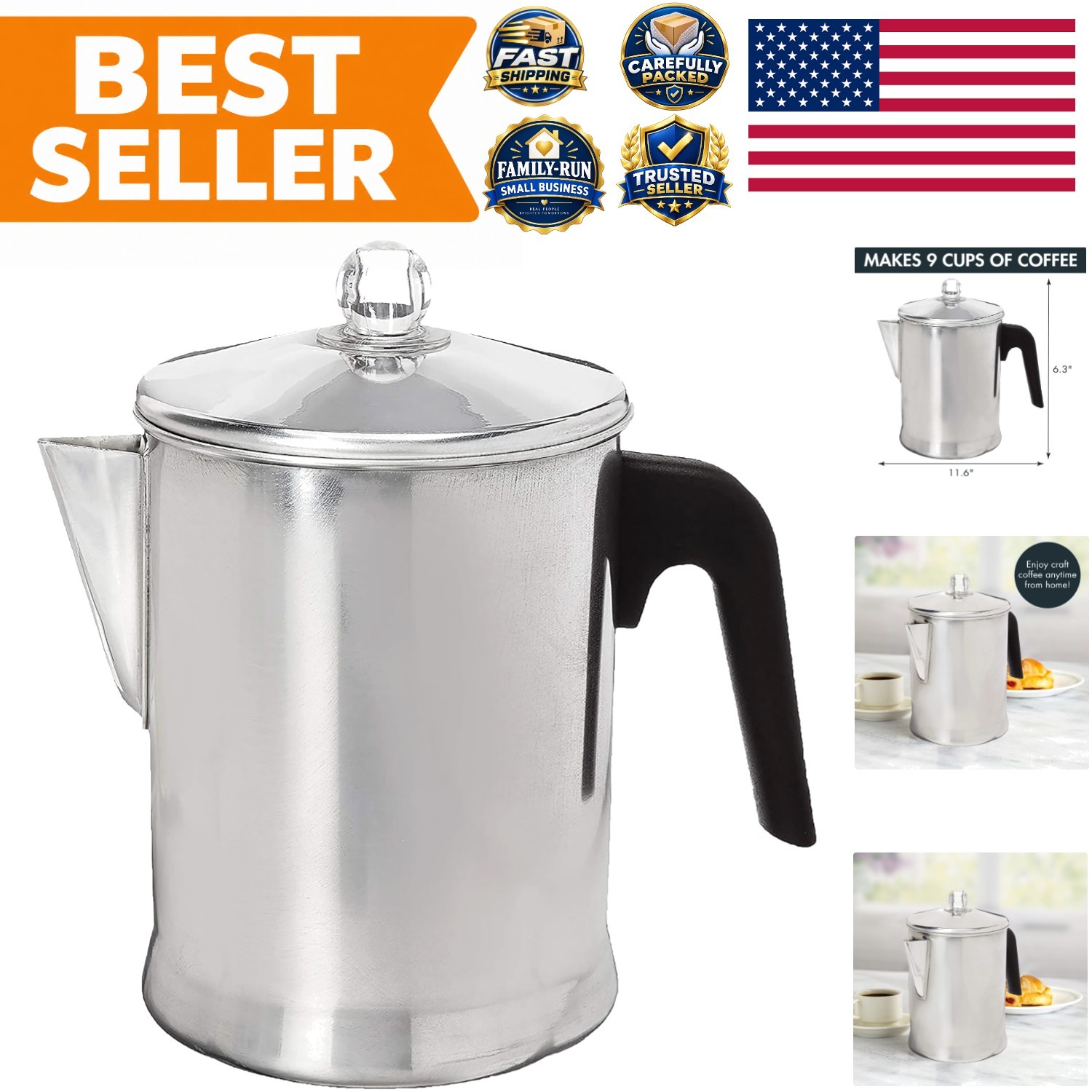 Compact 9-Cup Silver Percolator for Quality Coffee on Stovetops & Campfires Compact 9-Cup Silver Percolator for Quality Coffee on Stovetops & Campfires