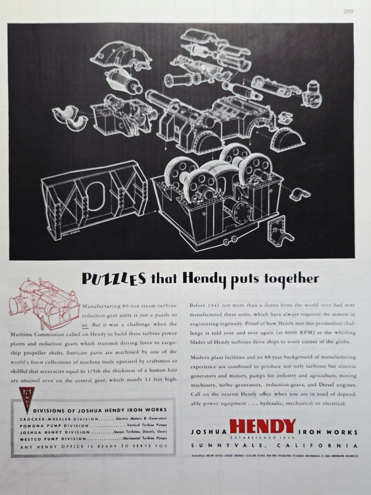 Joshua Hendy Iron Works Print Ad 1944 - Sunnyvale CA Motors Pumps Gears Puzzles
