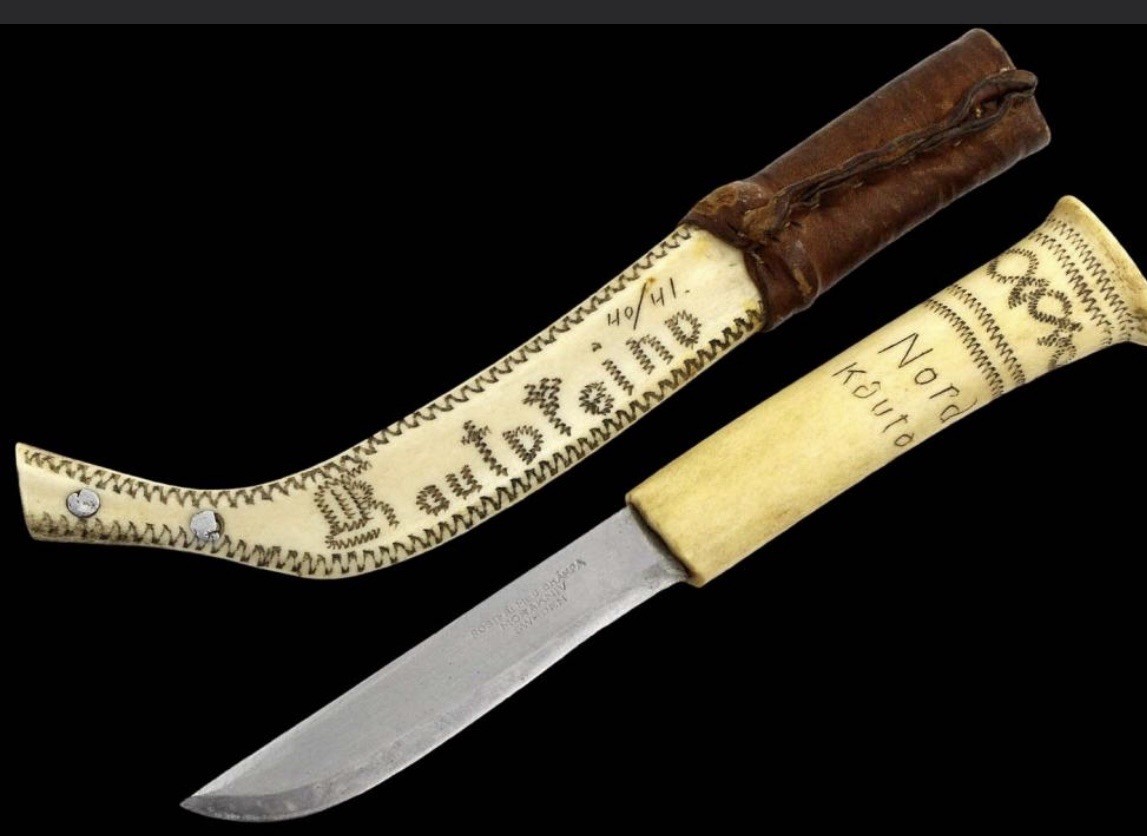 Swedish Sweden PUUKKO Knife Dagger, Scrimshaw Bone Mounts, Maker Marked.