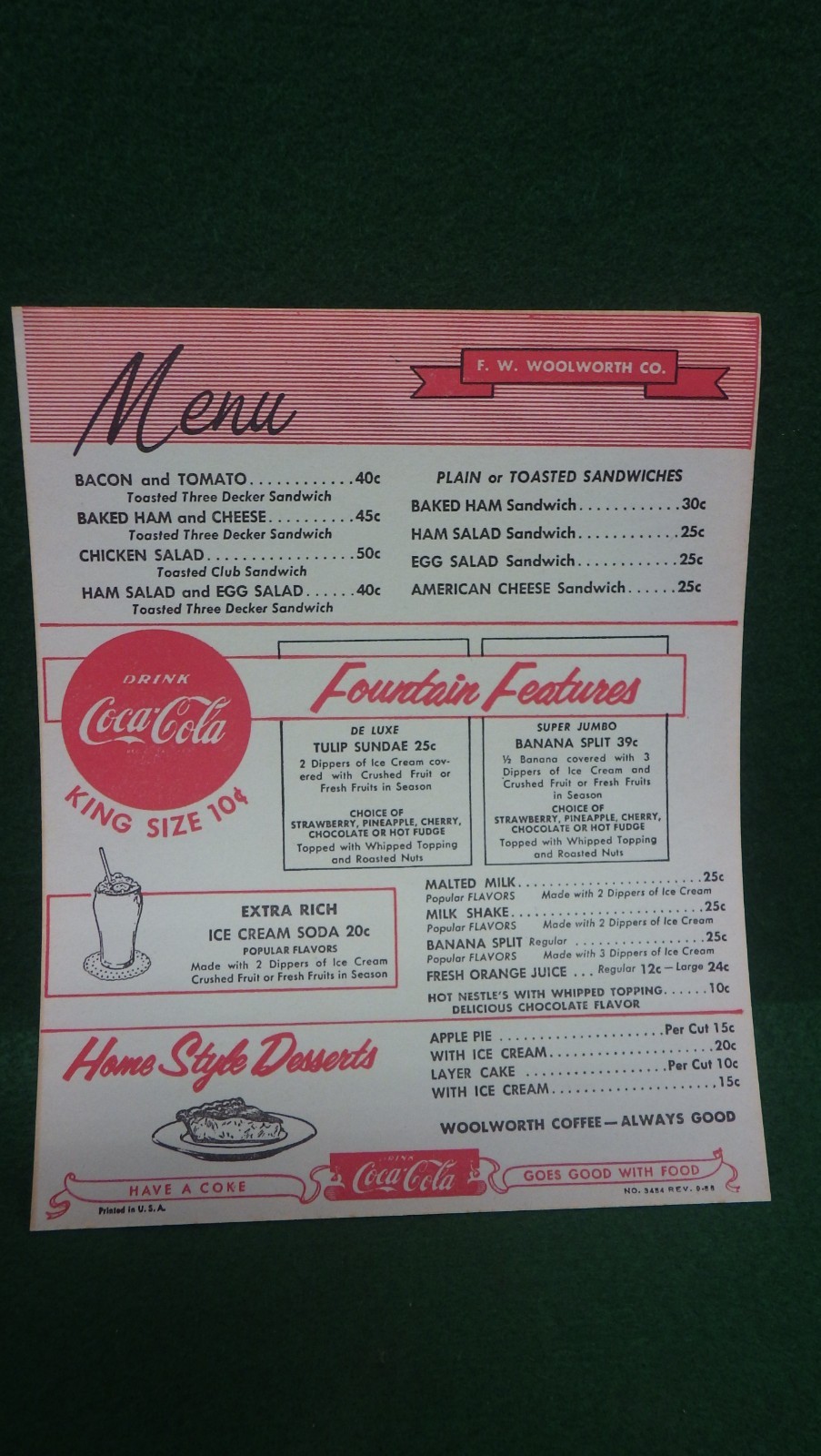 1956 Paper Menu FW Woolworth Cafeteria Coca Cola VGC