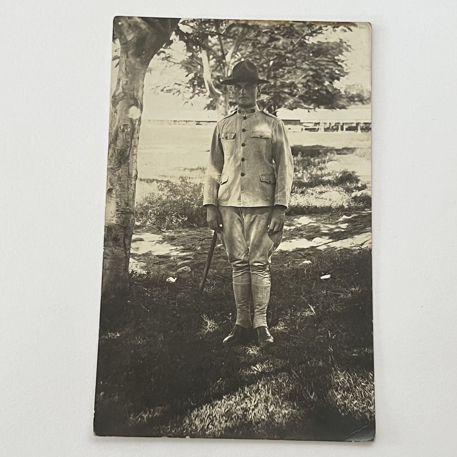 Antique RPPC Real Photograph Postcard Handsome Man American Soldier Outside