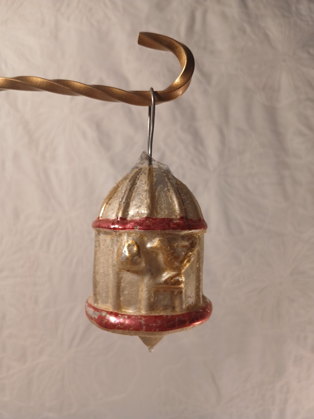 Antique Glass Bird Cage Christmas Ornament, Silver + Dark Pink, German