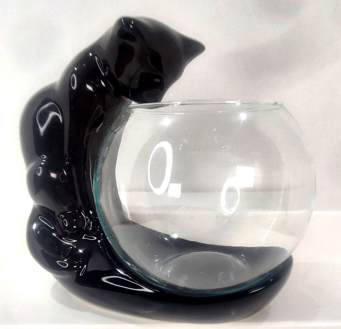 VTG 1999 Royal Haeger Black Cat Sitting Looking Over Fish Bowl