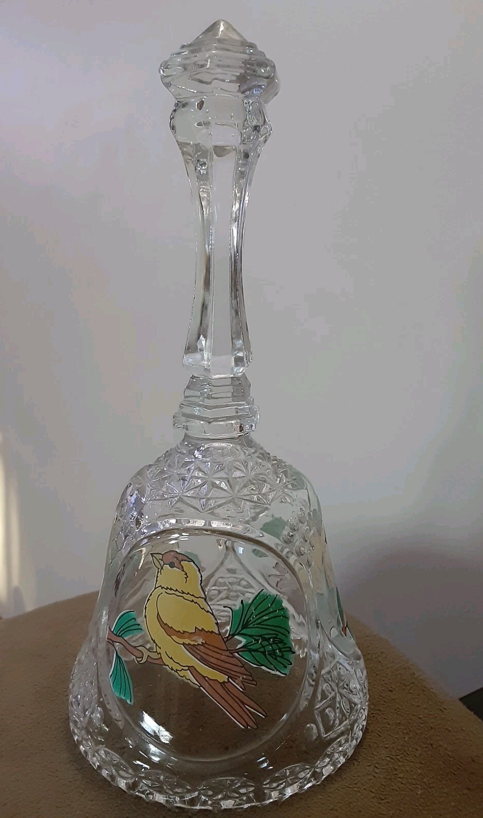 Clear Glass Crystal Bell Yellow Bird On A Pine Branch Canary Decorated Bell