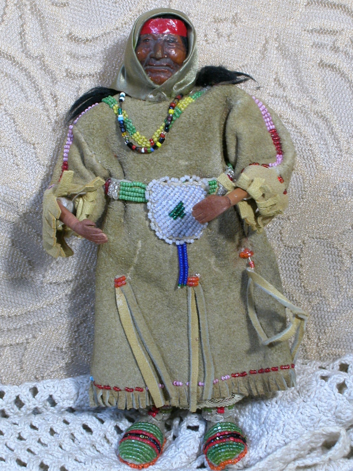 Rare Antique Native American Indian in Bride Outfit  Leather & Beads  8 ”