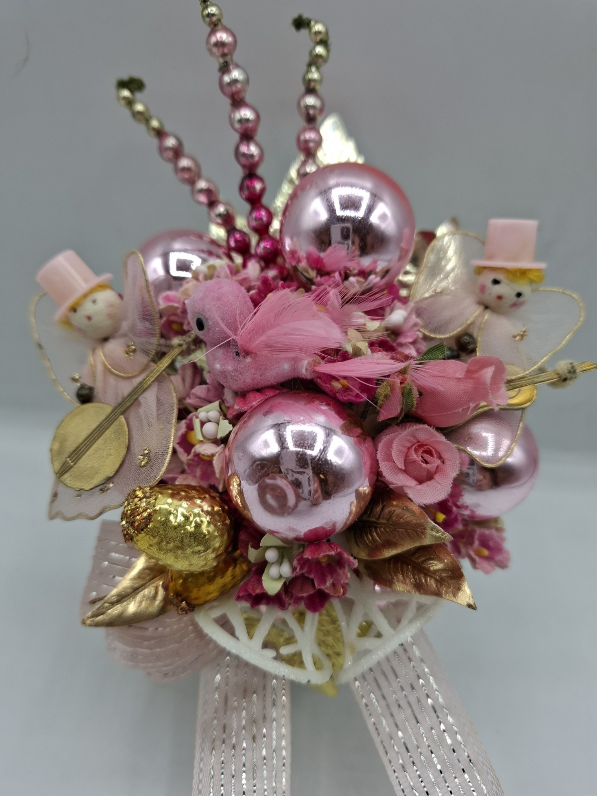 Vintage Handmade Pink Christmas Corsage Spun Cotton Angels Hat Glass Bird Bells