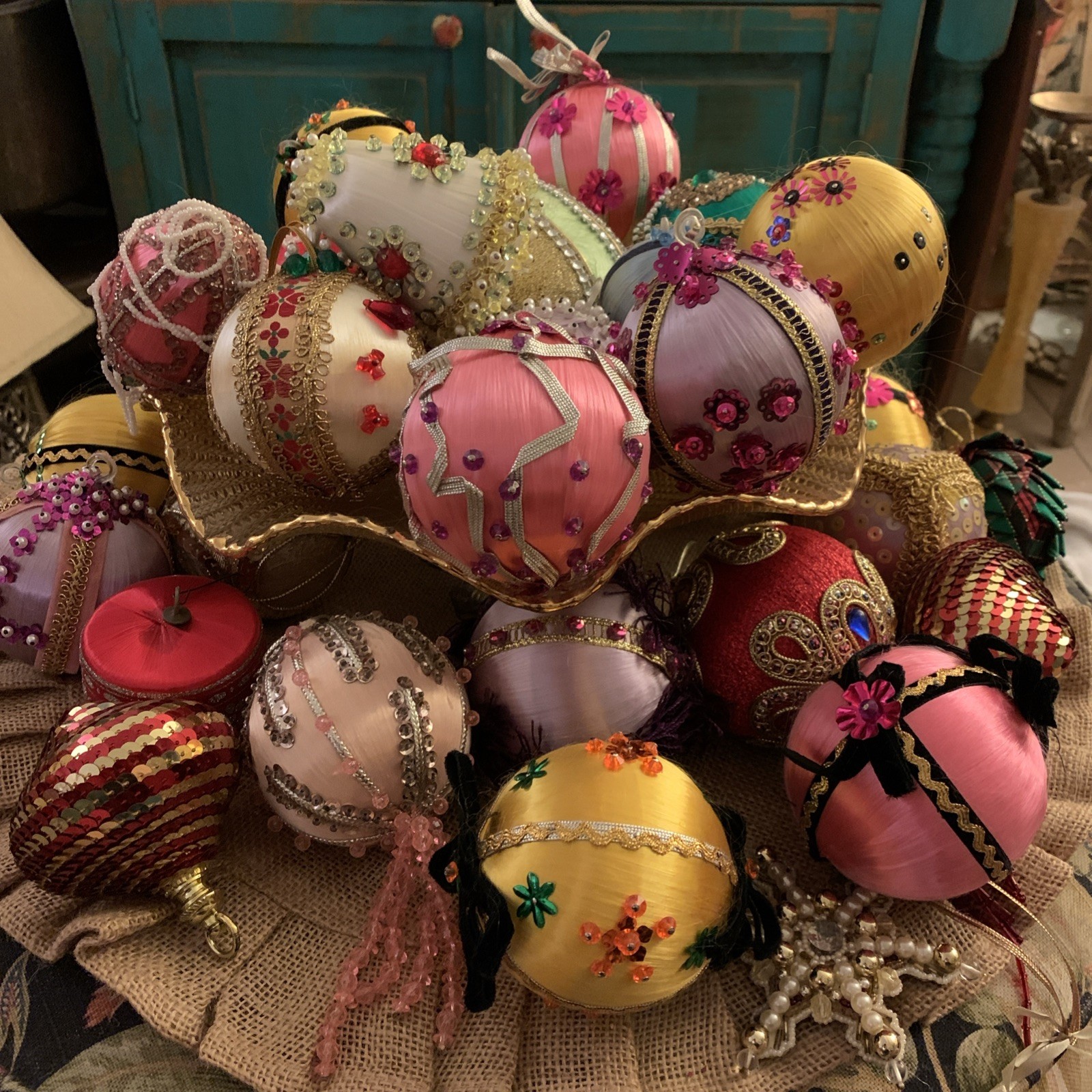 Vintage Satin Handmade Push Pin Beaded/Sequin Artisan Ornaments Lot Of 38