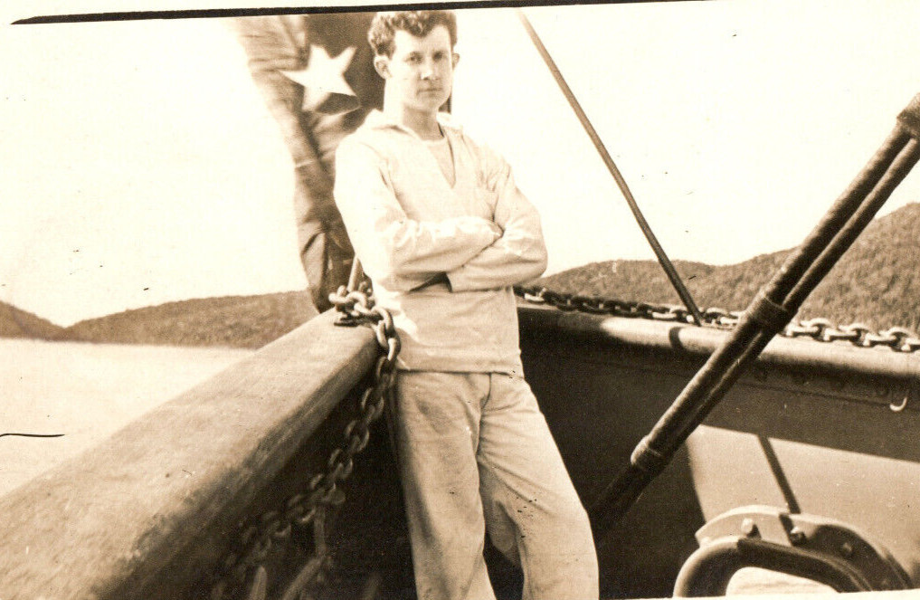 RPPC WWI Navy Sailor On Ship Real Photo Postcard