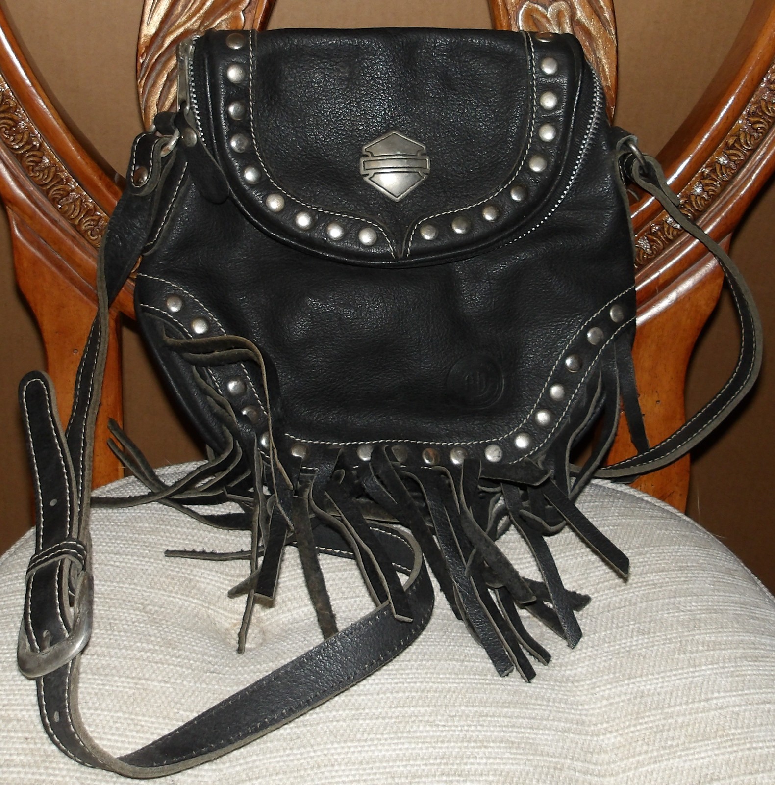 Harley Davidson Black Fringed Studded Leather Handbag Pocketbook 9.5 Harley Davidson Black Fringed Studded Leather Handbag Pocketbook 9.5