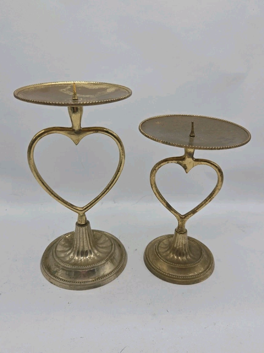 Vintage 2 Brass Heart Handle Candle Holders Elegant Patina Decor