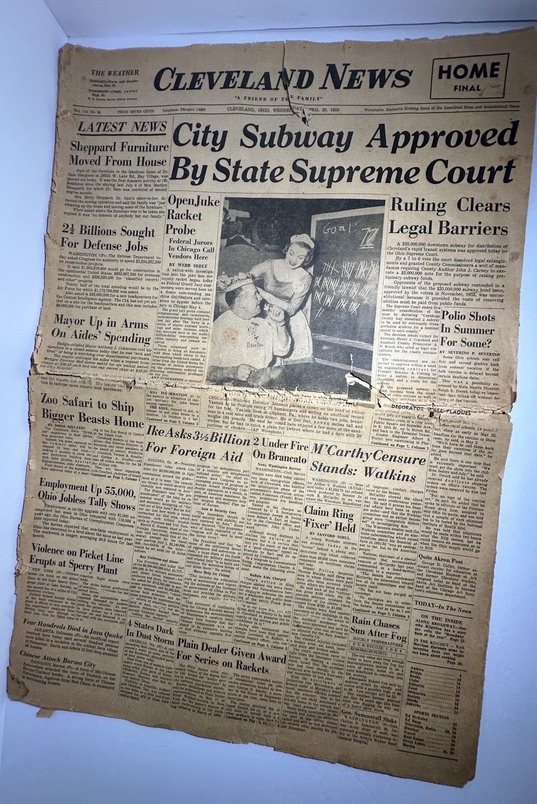 Cleveland News April 20, 1955 Vintage Newspaper City Subway Approved Local Ads