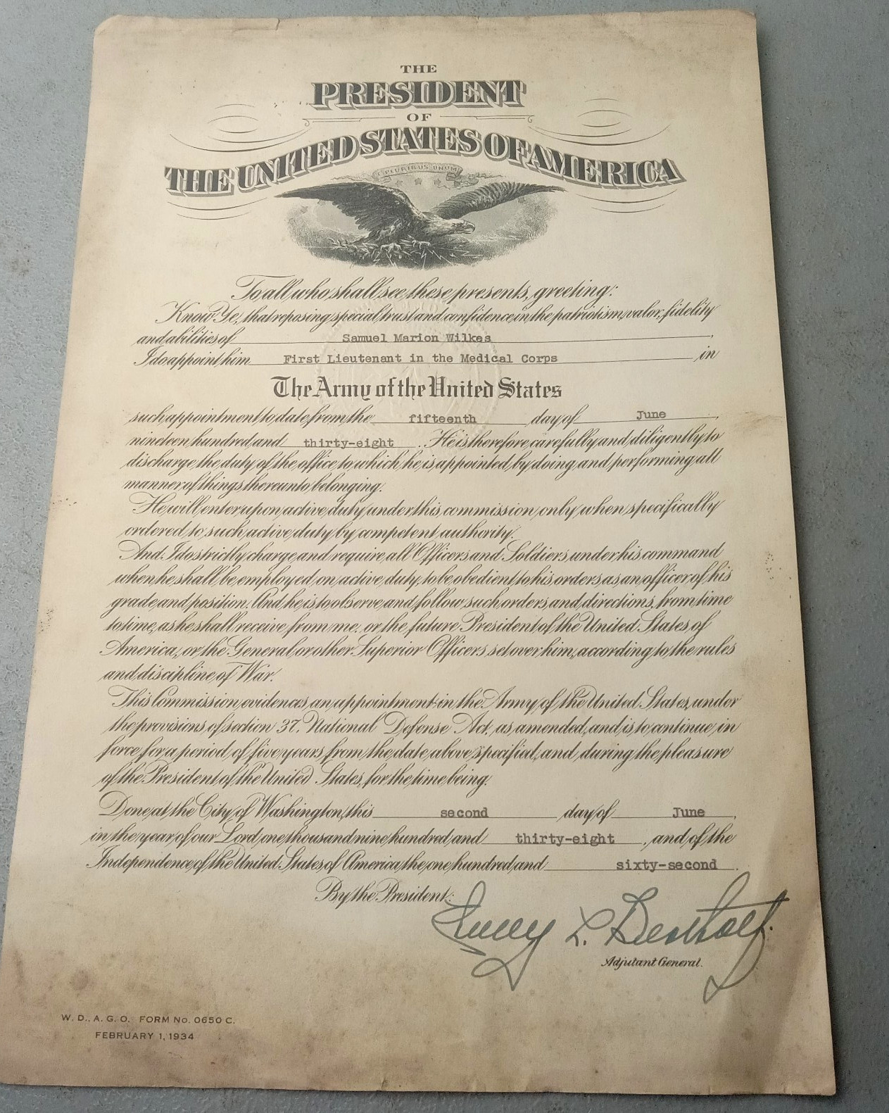 Pre-WWII 1938 U.S. Army Officer Commission Certificate Medical Corps 1st Lt Seal