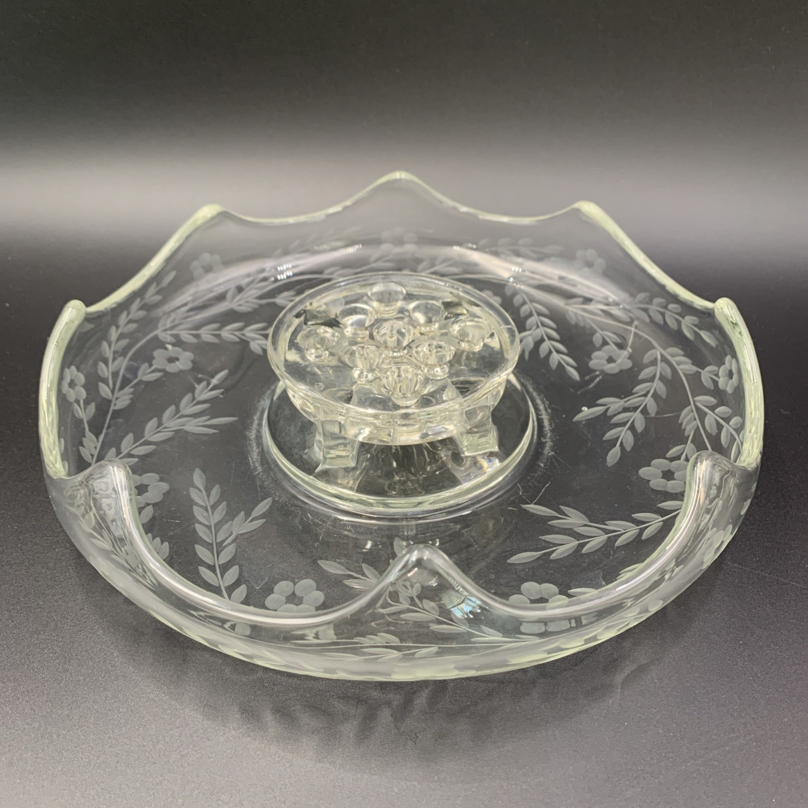 Vintage 1960s Viking Epic Clear Glass 9 Hole Flower Frog Attached Floater Bowl