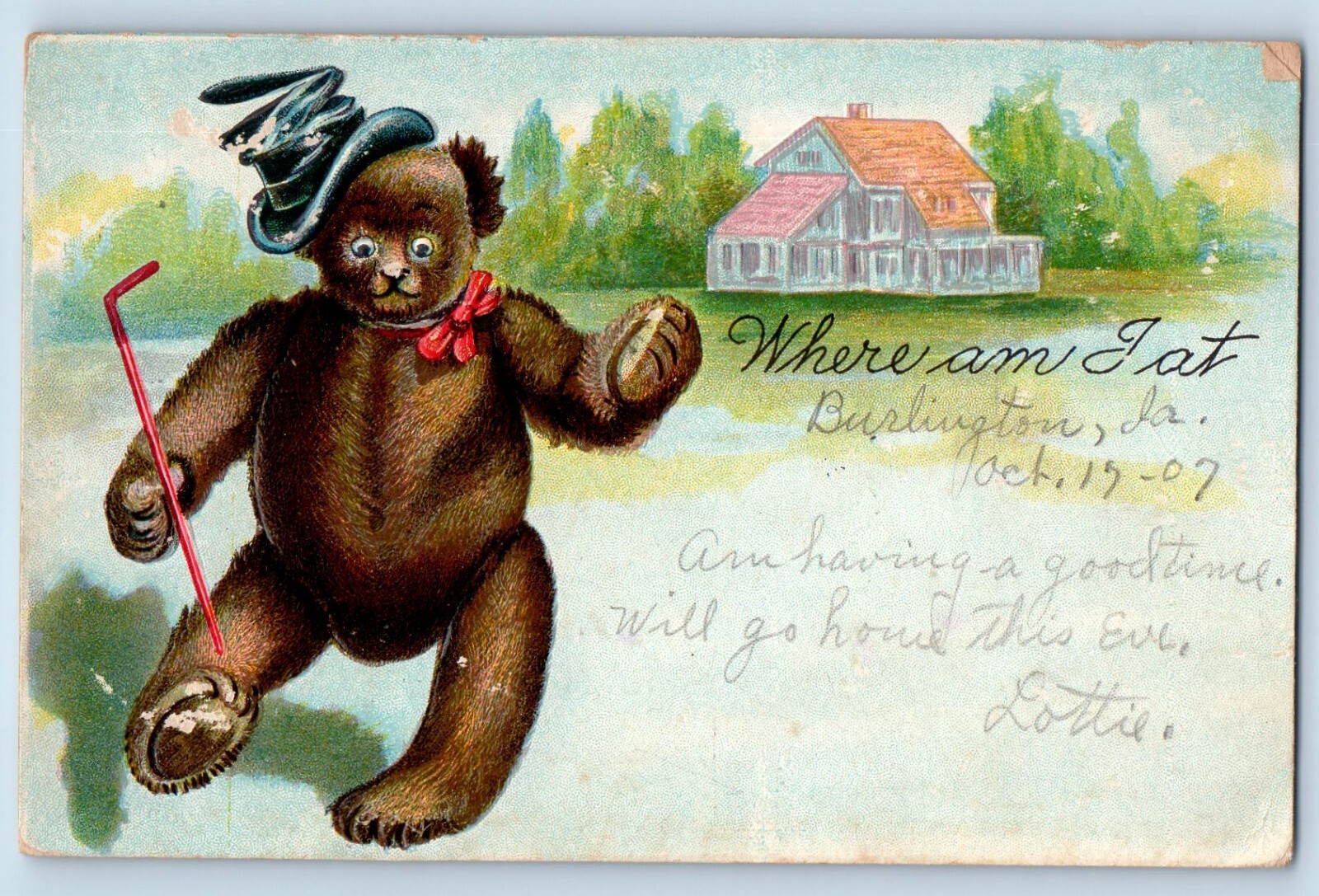 Anthropomorphic Bear Postcard Where Am I At Embossed Burlington Iowa IA 1907