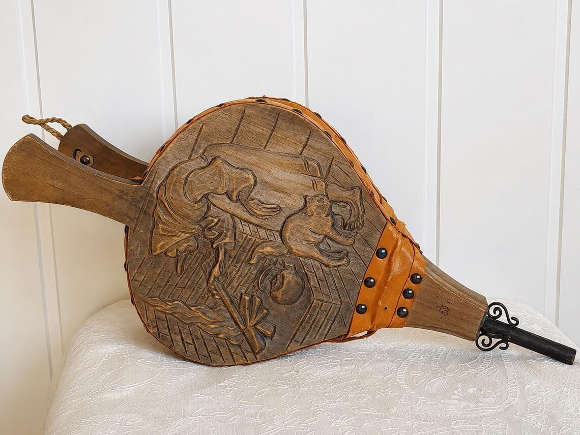 Rare Vintage Nordic Fireplace Bellows -Hand Carved Woman with Cat - Rustic Decor