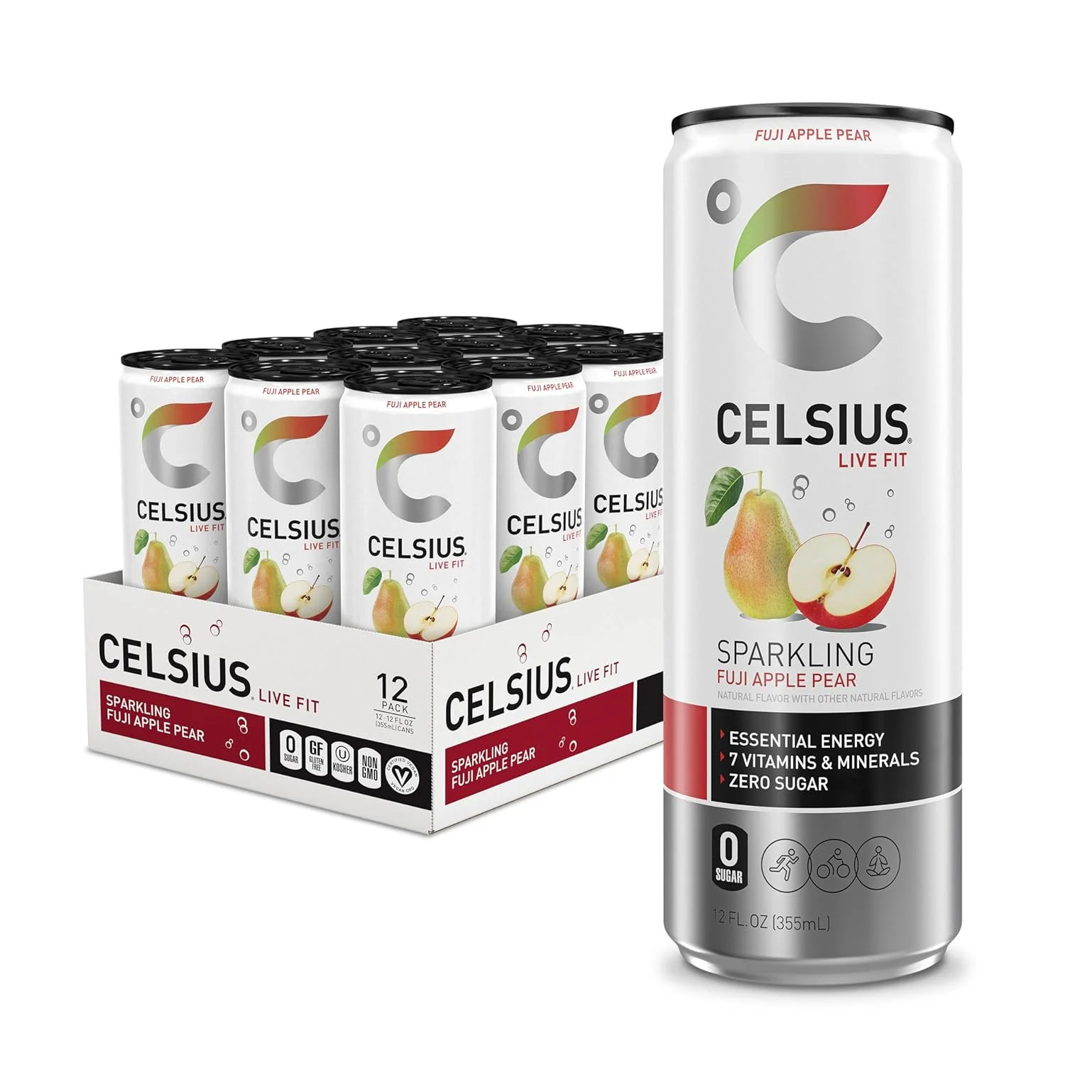 CELSIUS Sparkling Fuji Apple Pear, Sugar Free Energy Drink, 12 Fl Oz (Pack of 12