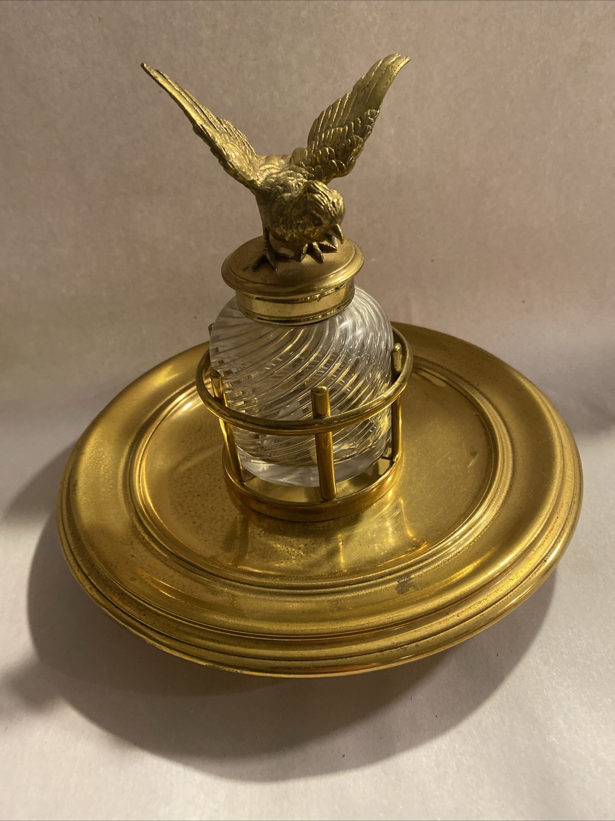 Amazing 19th C. Gold Plated Hummingbird, Brass & Crystal Inkwell