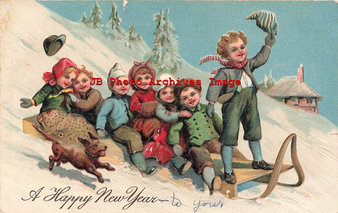 New Year, Unknown Pub, Dog Chasing Children Sleighing Down a Snowy Hill