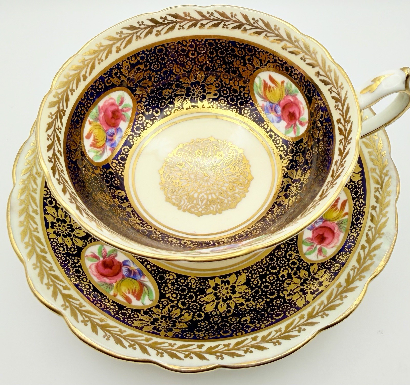 Vintage Paragon England Gold Gilt Cobalt Blue Rose Medallion Cup & Saucer Teacup