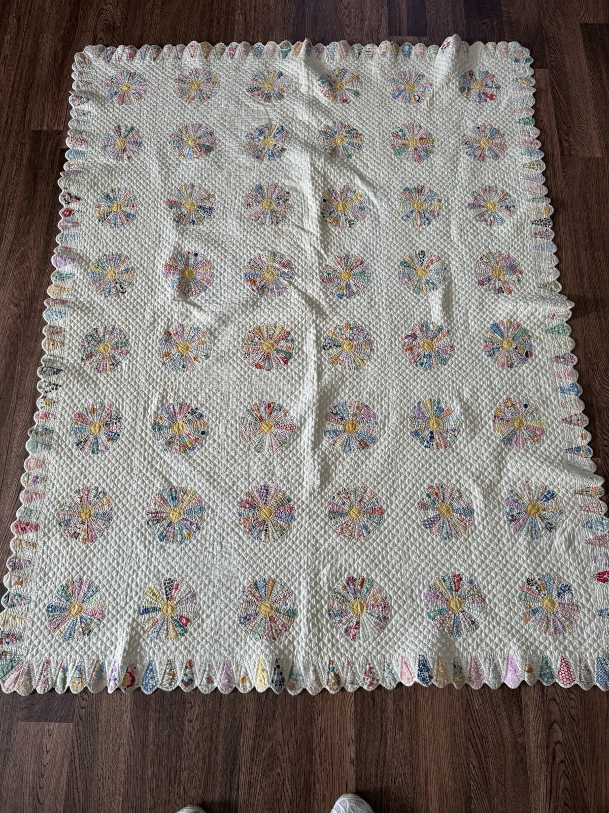 Vtg 1930s Dresden Plate Quilt Handmade Feedsack Scalloped Border 60x45 Cotton Vtg 1930s Dresden Plate Quilt Handmade Feedsack Scalloped Border 60x45 Cotton