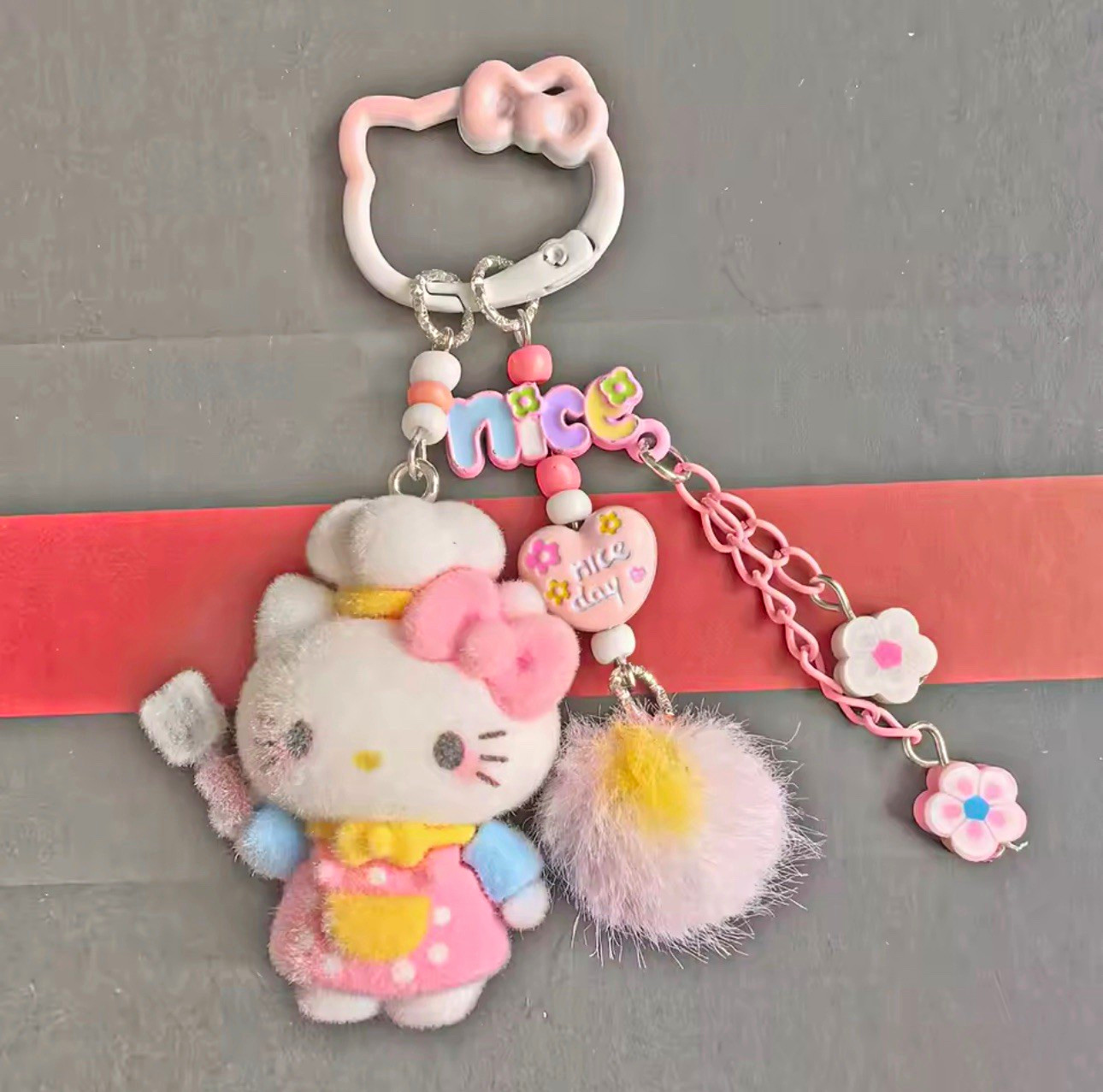 Cute Kawaii Pink Plush Character Keychain Bag Charm Beaded Bow Flower Gift