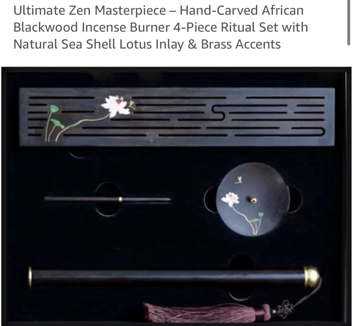Handcrafted African Blackwood Incense Burner Set Mother of Pearl Inlay Lotus Art