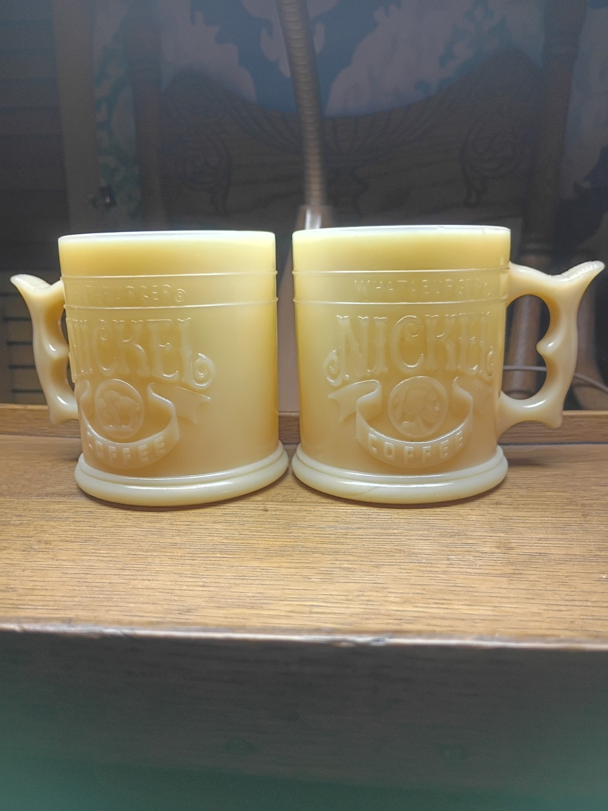 2 Vtg WHATABURGER Buffalo Nickel Coffee Mug Milk Glass Restaurant Ware