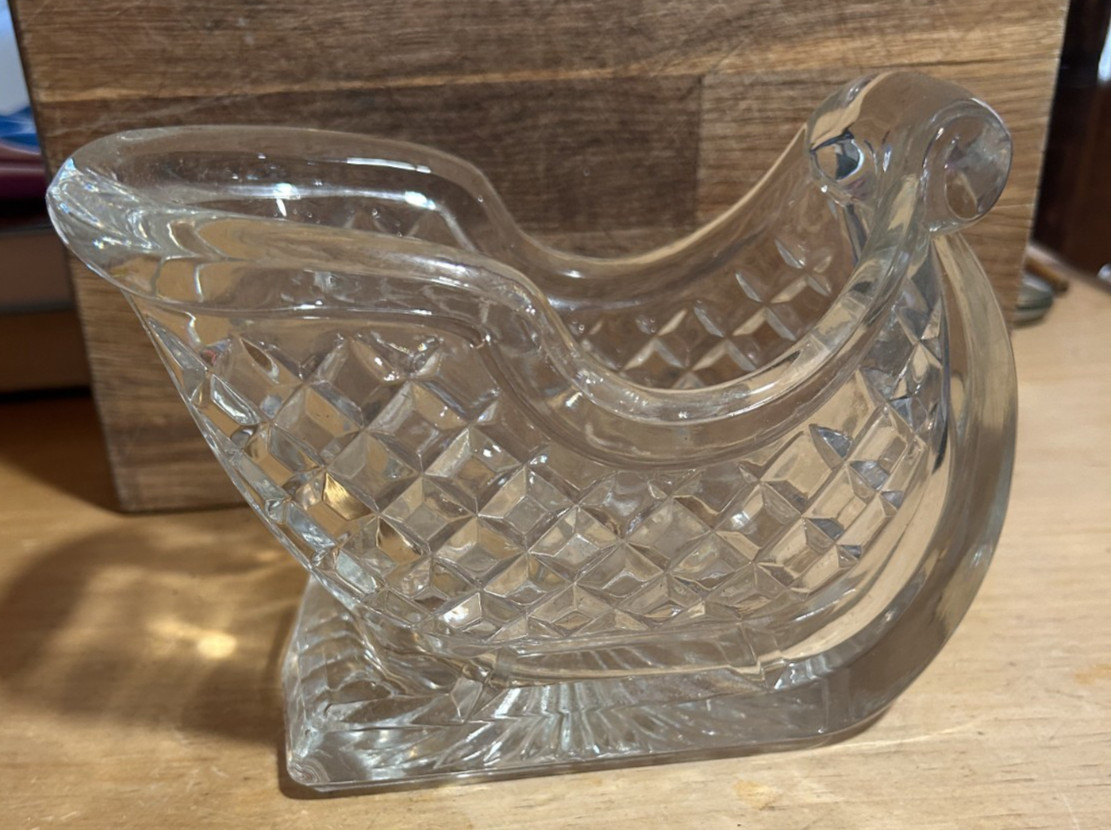 Vintage heavy crystal glass winter holiday sleigh for candy, centerpiece, floral