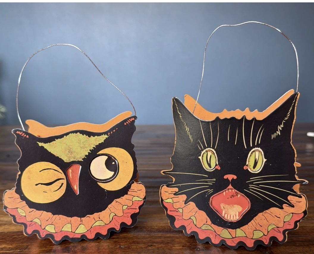 Possible Vintage Bethany Lowe Halloween Scaredy Cat &Owl Lantern Luminary Bucket