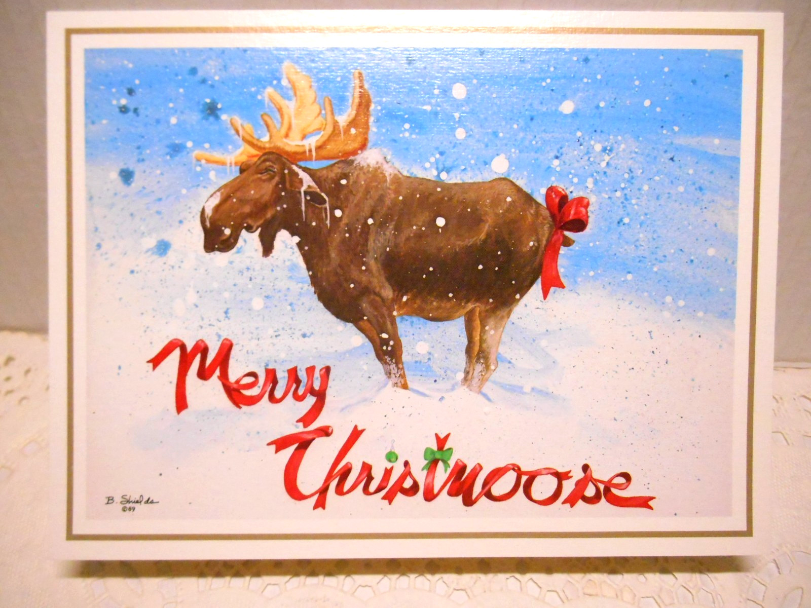 6 VTG Leanin Tree Christmas Greeting Cards Bonnie Shields MERRY CHRISTMOOSE 1989