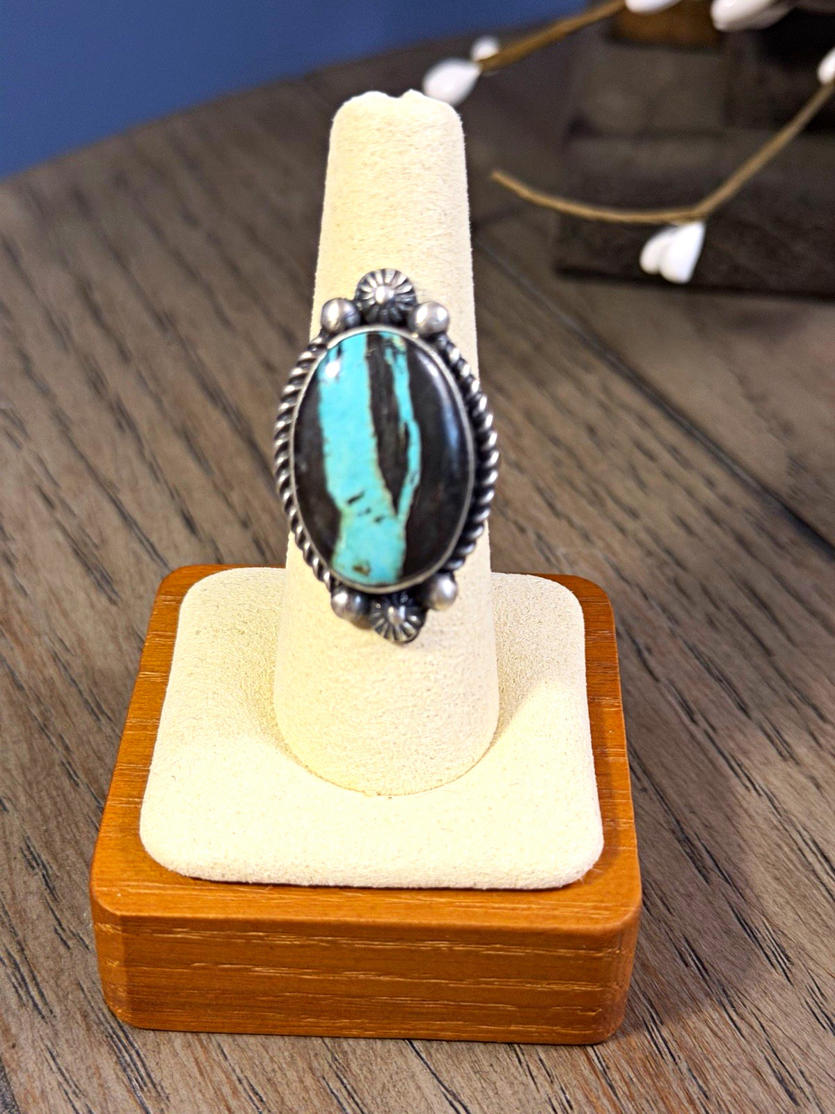 Navajo Black Jack Turquoise Size 8 stamped Robert Chakey. New never worn
