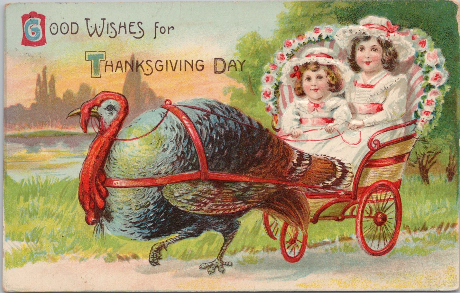 LITHO Thanksgiving Turkey Pulling Girls in Flower Wagon 1910 Quincy Illinois