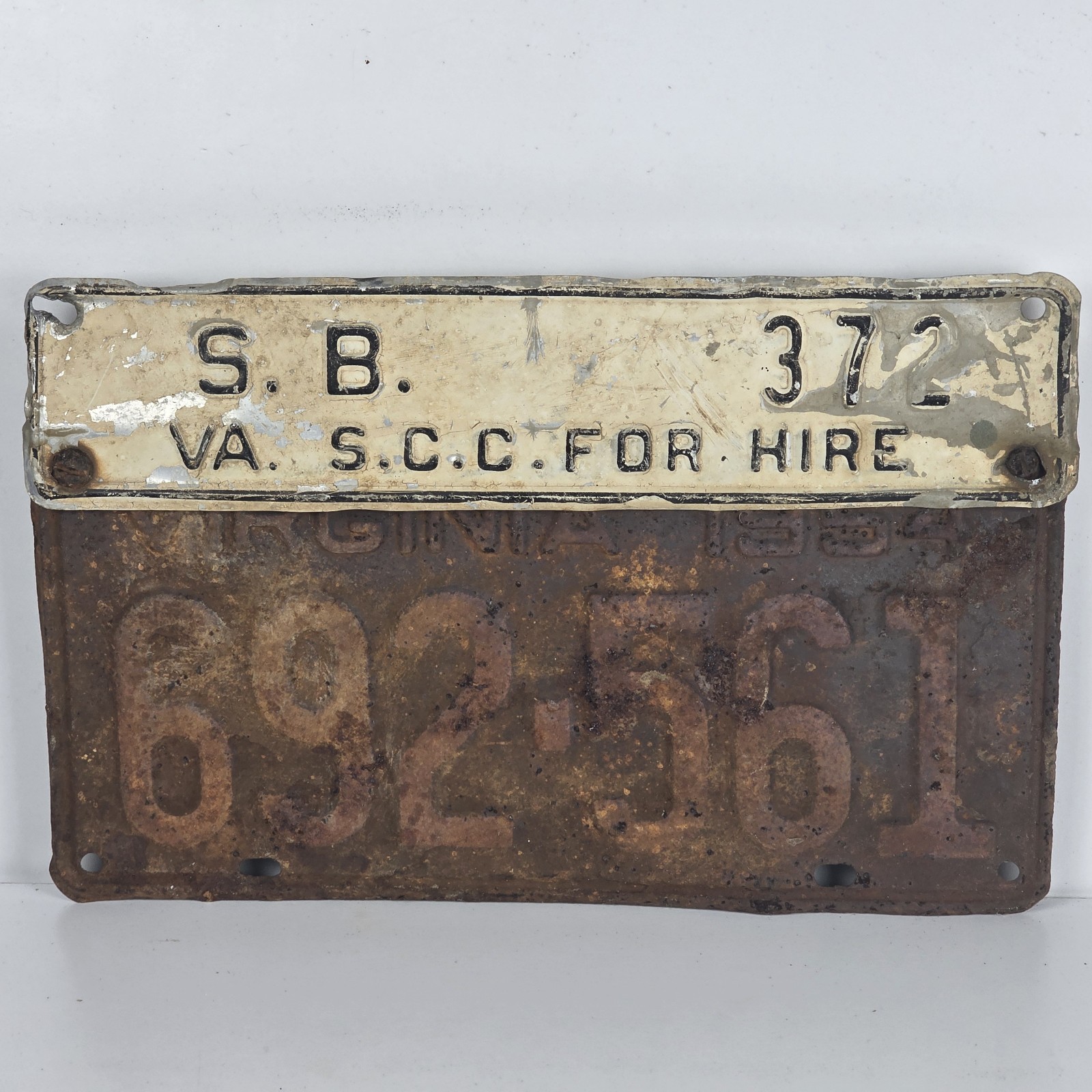Vintage 1954 Virginia License Plate w/ FOR HIRE Metal Topper Plate Attached 