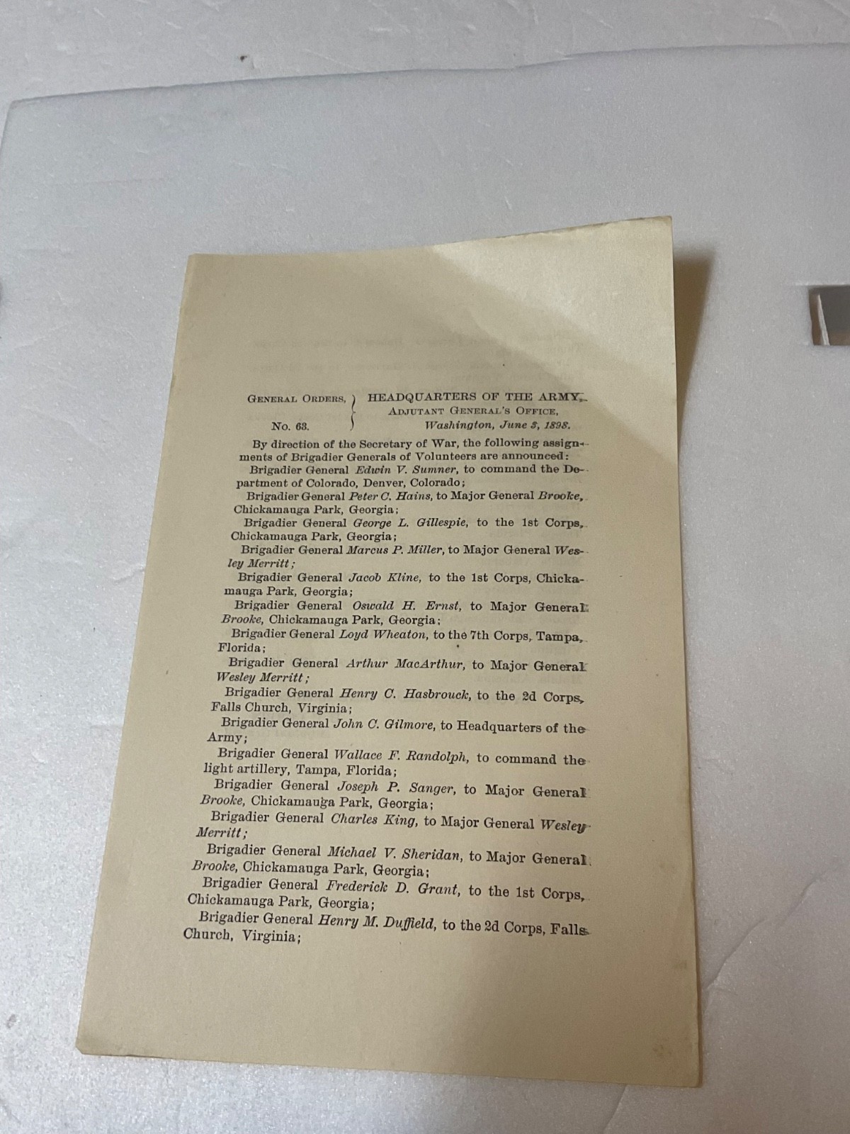 SPANISH AMERICAN US ARMY PROMOTION ORDER 1898 BRIGADIER GENERALS VOLUNTEERS