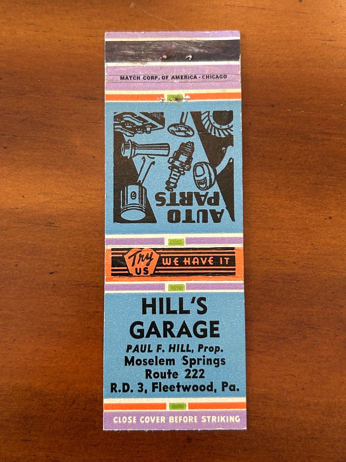 Vintage Hill\'s Garage Auto Parts Matchbook Cover Moselem Springs PA
