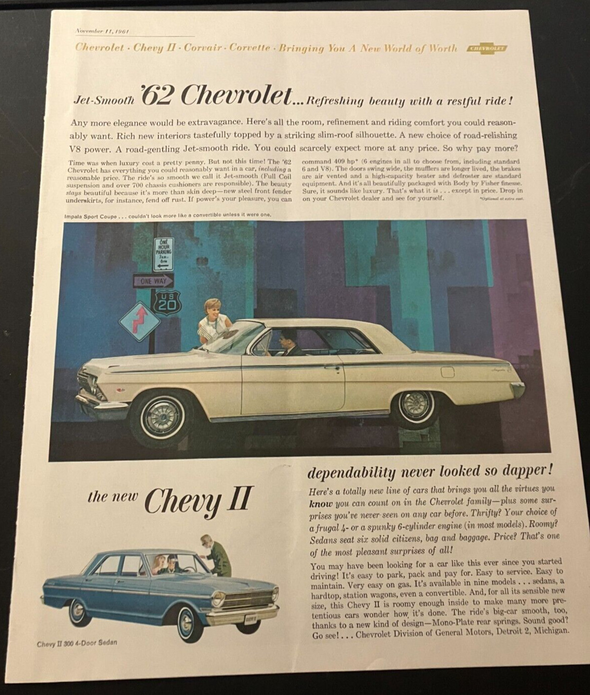 1962 Chevrolet Impala Sport & Chevy II Sedan - Vintage Print Ad  Garage Wall Art