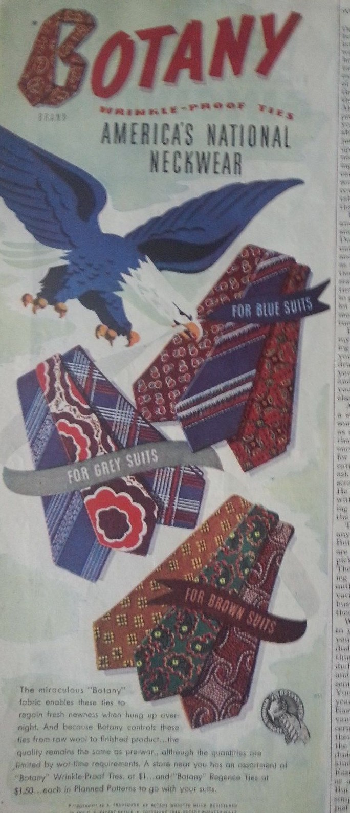 1945 Botany Mens Tie Neckties Americas National Neckwear Eagle Color Ad