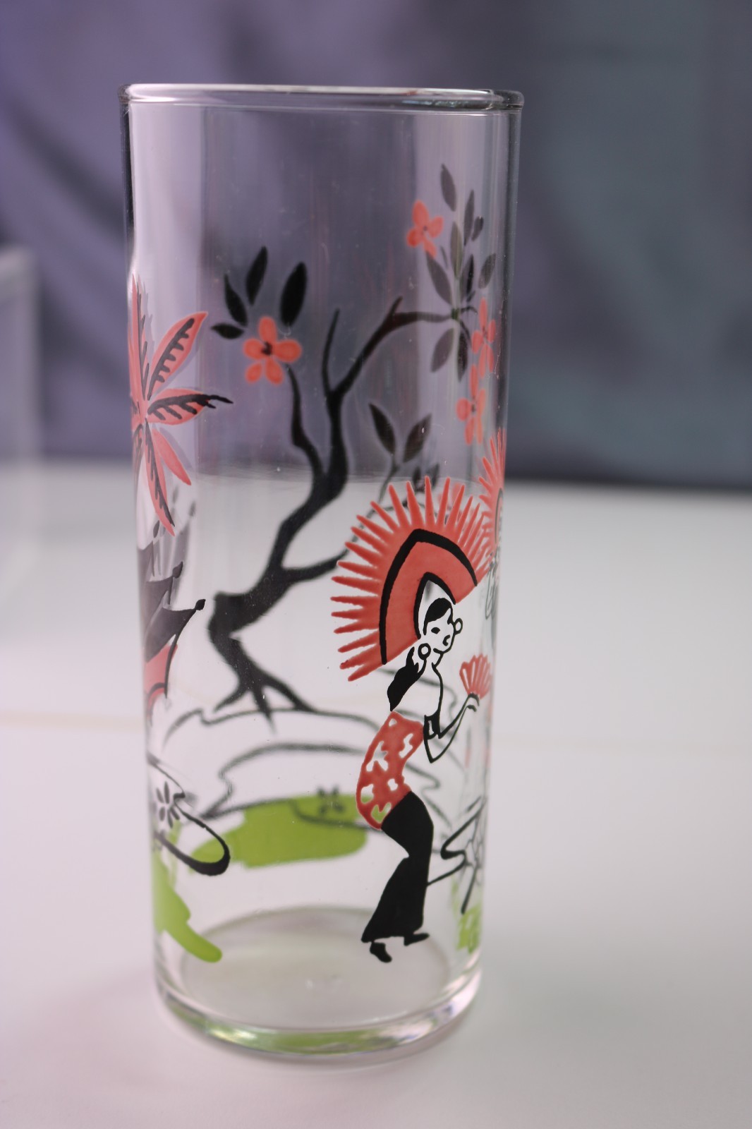 Federal Glass Tom Collins Glass Tumbler Pink Native Dancer MCM Manufacturer Mark