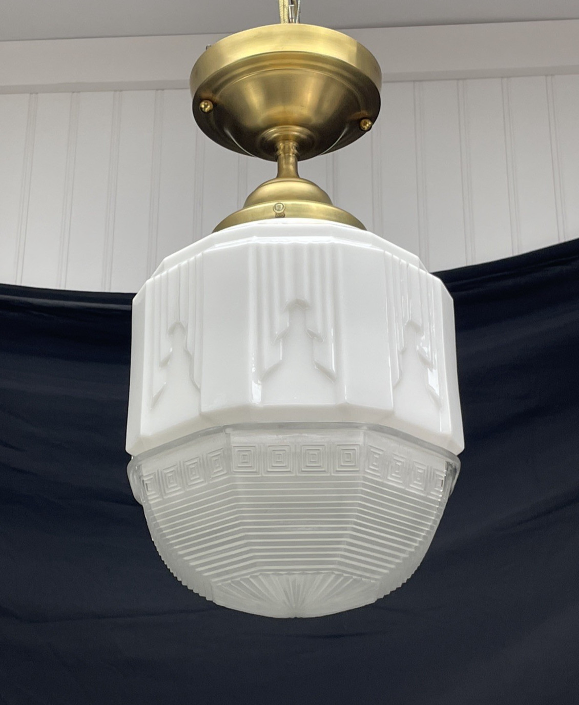 RESTORED Antique Vtg Art Deco Ceiling Light Skyscraper Schoolhouse White & Clear