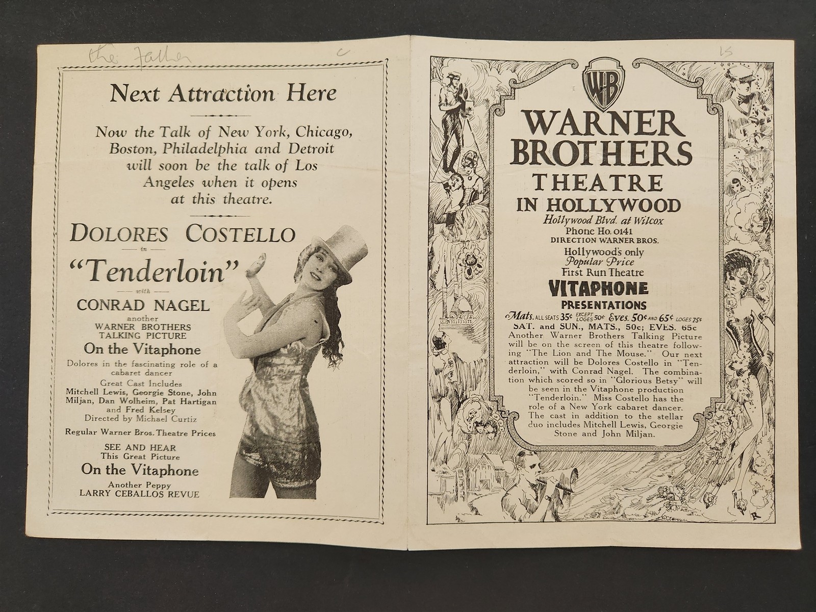 1928 antique WARNER BROS THEATRE in HOLLYWOOD talking picture ad LION and MOUSE