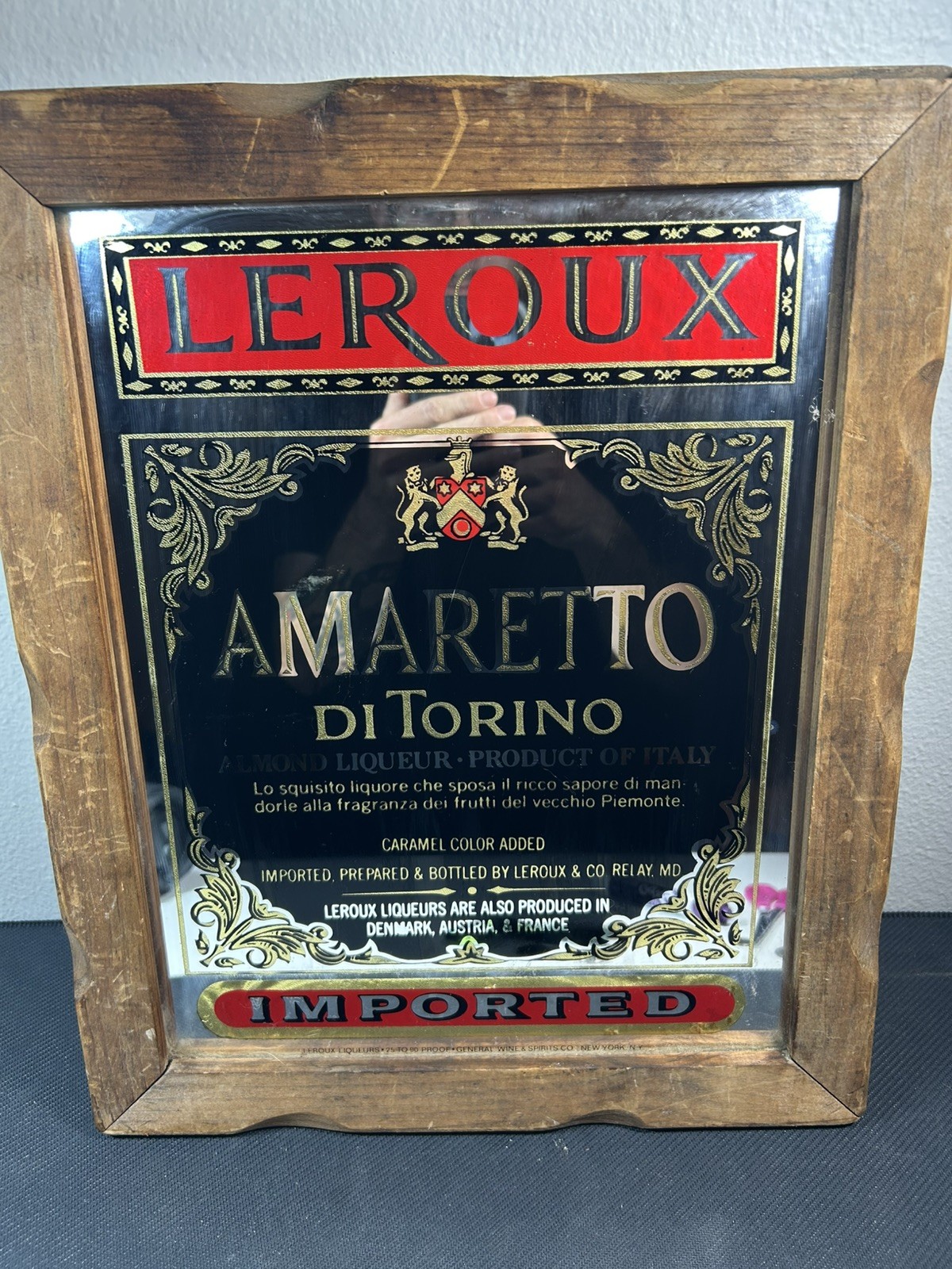 Vintage Leroux Amaretto Di Torino Almond Liqueur Bar Mirror Sign Wood Frame