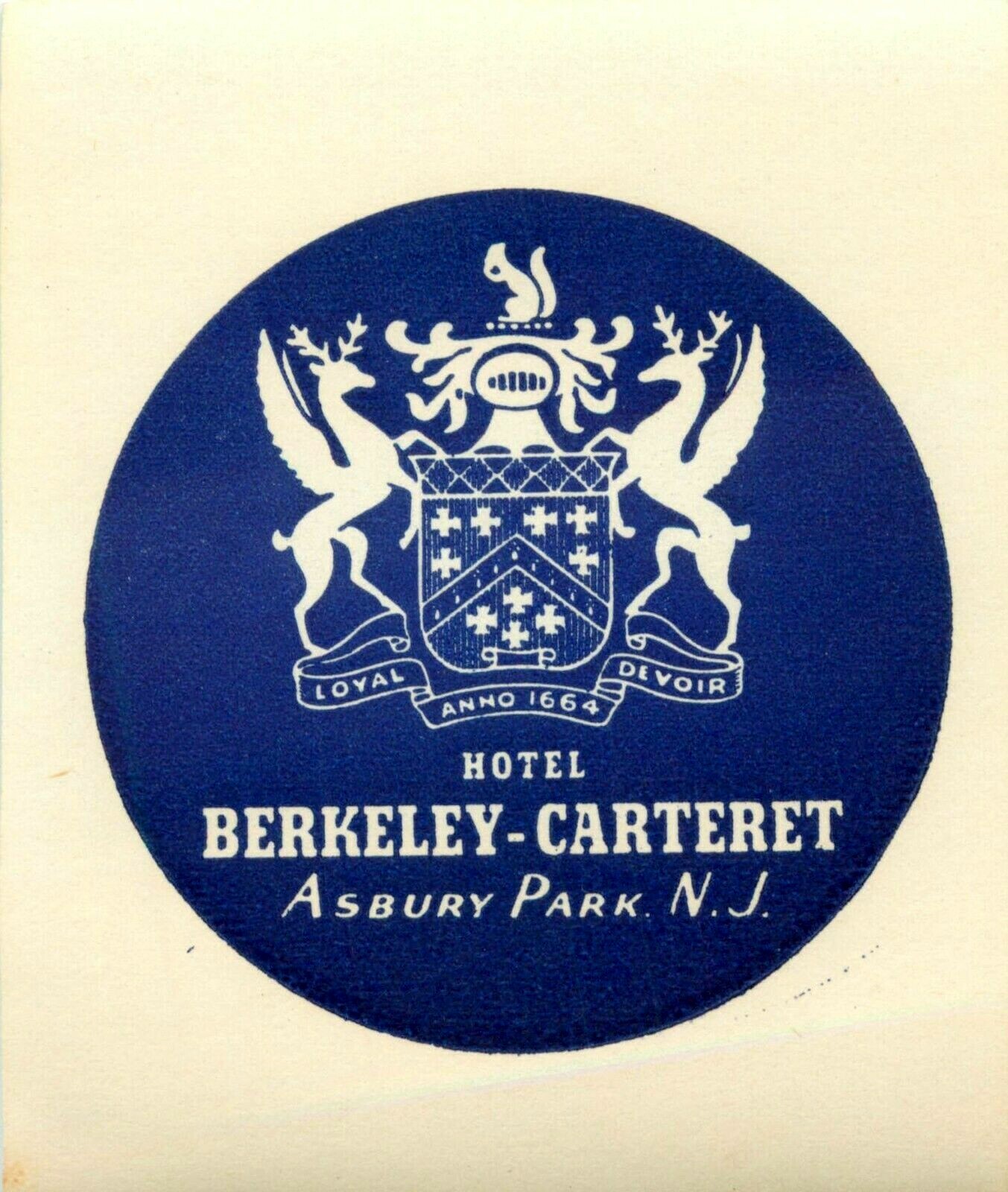 Hotel Berkeley Carteret ~ASBURY PARK - NEW JERSEY~ Scarce Luggage Label, c. 1940