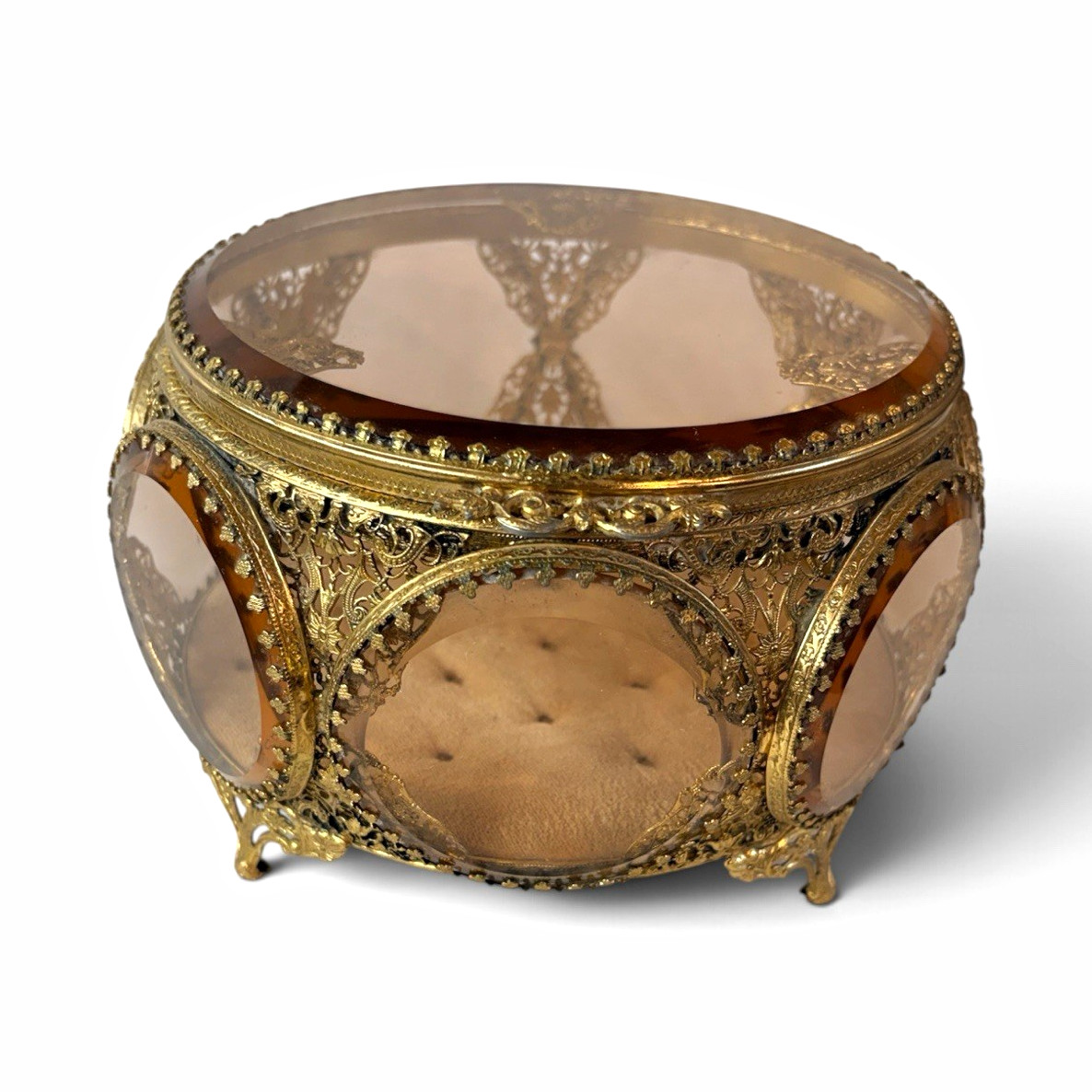 Vintage Faceted Glass Jewelry Casket Box Gold Filigree Footed Hollywood Regency