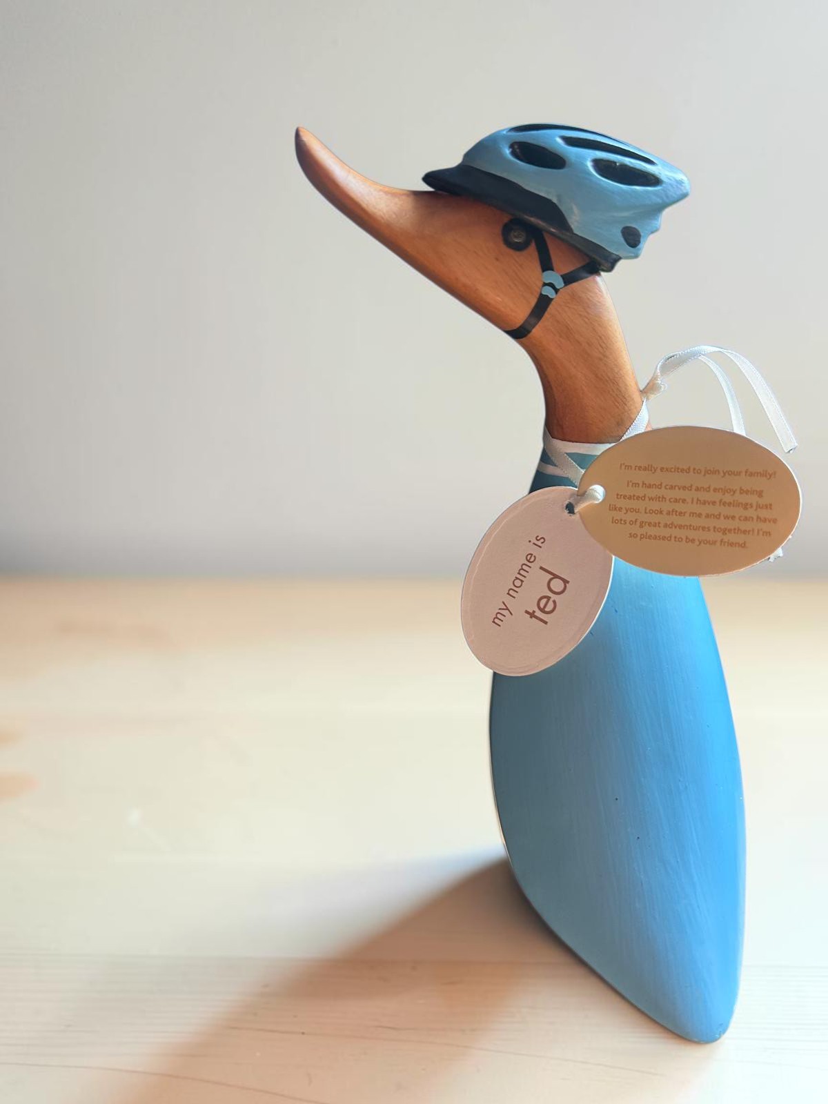 DCUK Ted Cyclist Duck Wooden Ornament Hand Carved  Bicycle Blue Helmet Wood