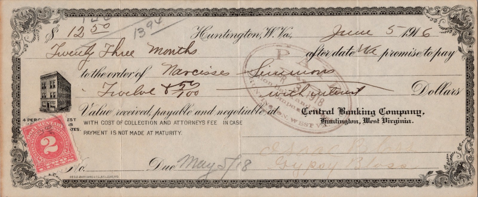 1916 Huntington WV Promissory Note Central Banking Co 2c Stamp 12.50 Due